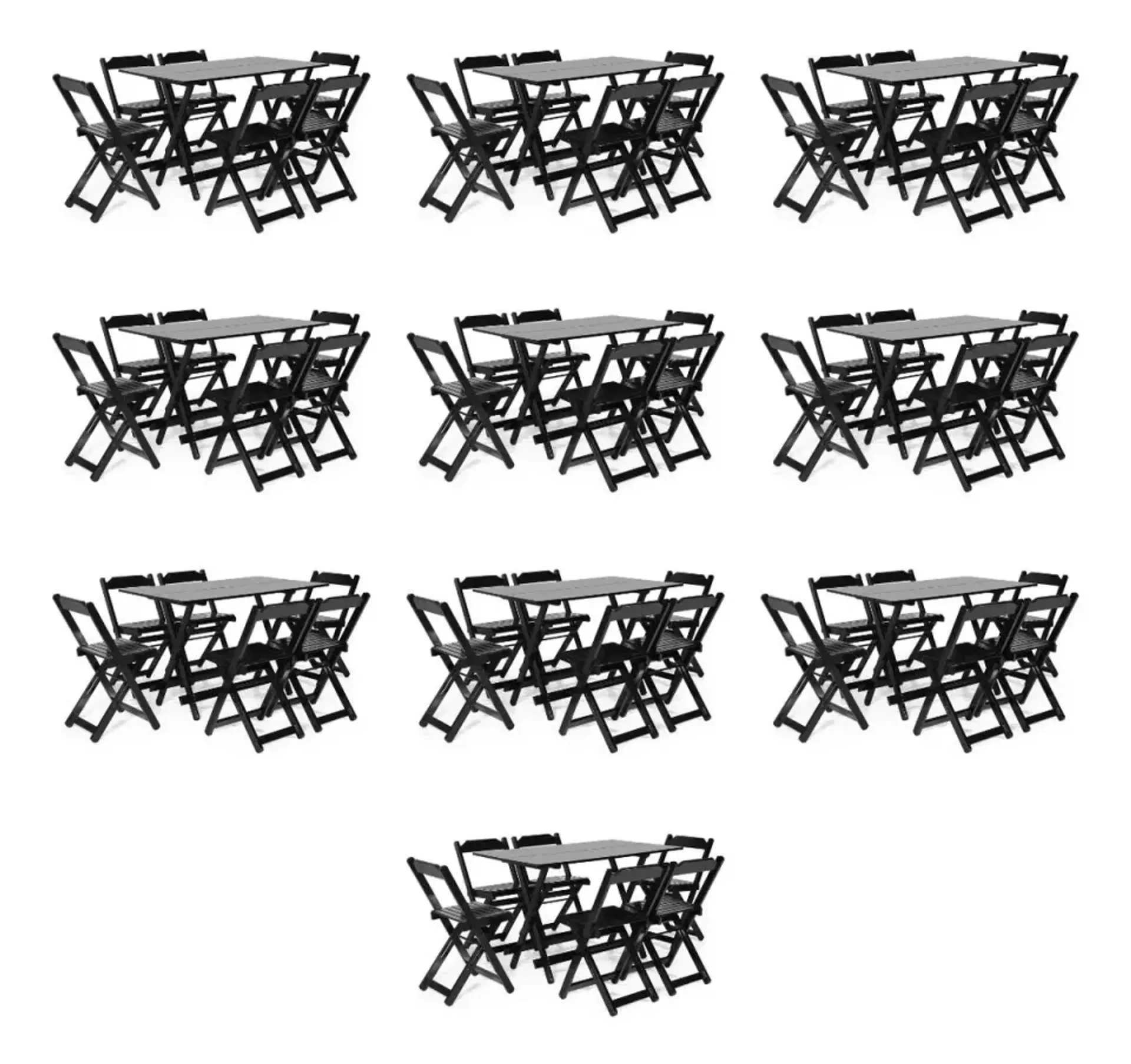 Kit 10 Conjunto Mesa Dobrável 120X70 C/06 Cadeiras em Madeira Maciça